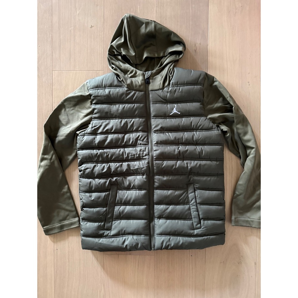 Jordan Boys Hybrid Mixed Media Puffer Jacket Olive Green XL 95D585-E6F